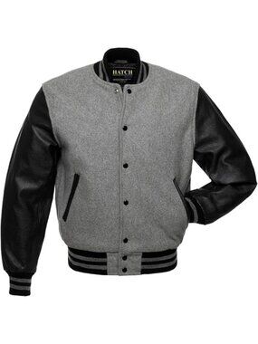Men’s Black Grey Genuine Leather Sleeve Varsity Letterman Jacket